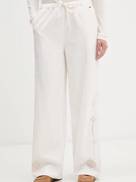 Tommy Jeans wide leg hlače za žene s dodatkom lana bež