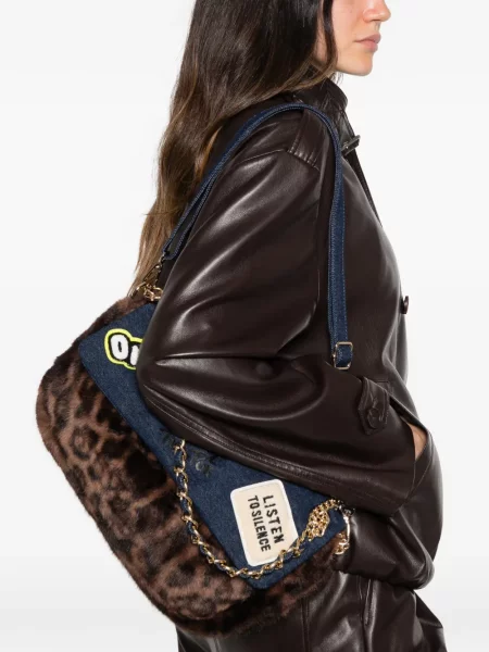 Geantă Secret Pon Pon cu imagine cu model leopard cu blană albastru