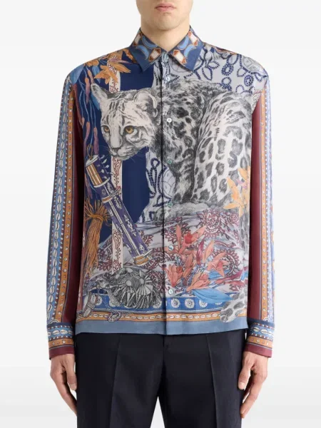 Копринена риза Etro с принт с леопардов принт синьо