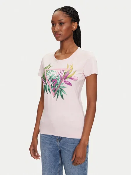 Guess Koszulki Kobieta L Krótki rękaw T-shirt z logo i kryształkami różowy