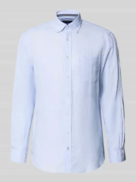 Koszula lniana o kroju slim fit z brustaszą Christian Berg Men błękitna