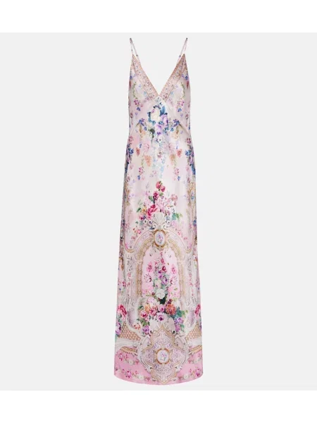 Rochie maxi Camilla din satin cu model floral de costum roz
