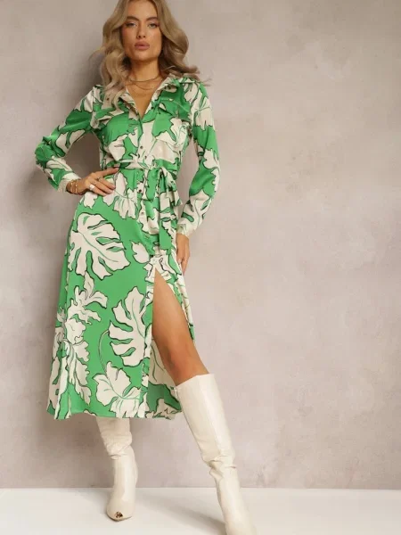 Rochie Cămașă cu de Legat Rume verde