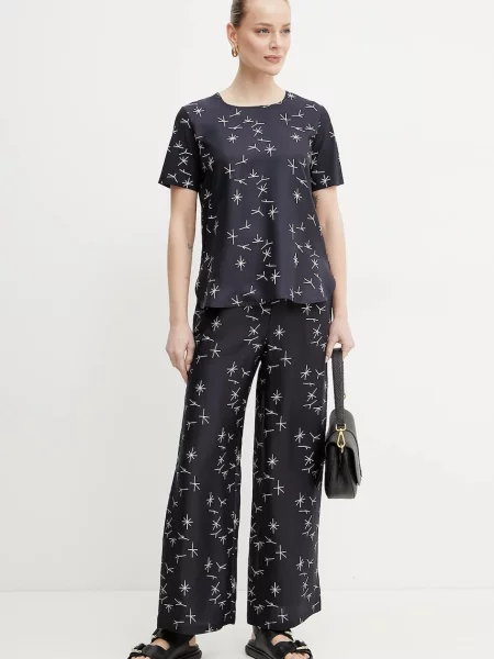 Max Mara Leisure spodnie jedwabne proste high waist granatowy