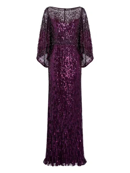 Maksi sukienka maxi Jenny Packham z cekinami garniturowa fioletowa