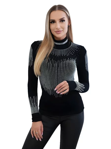 Pletená halenka s rolákem a motivem kubických zirkonů černá