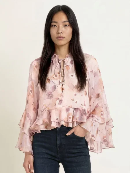 Guess Košilová Halenka Nicole S Volánky růžová / hnědá fialová
