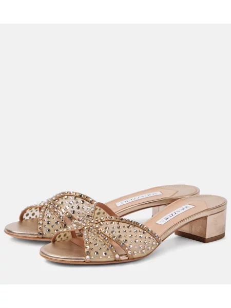 Mules Aquazzura iz tila s kristali bež