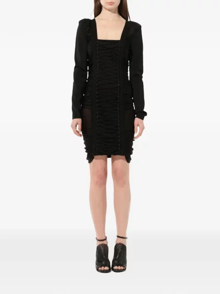 Rochie mini Balmain cu șireturi cu volane din dantelă negru