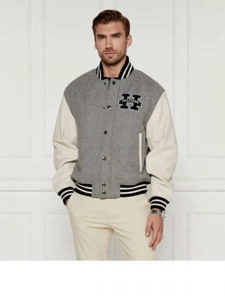 Tommy Hilfiger De lână geacă cu adaos de piele gri