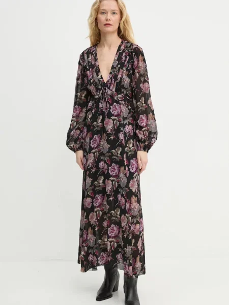 Рокля The Kooples дълга със стандартна кройка черно