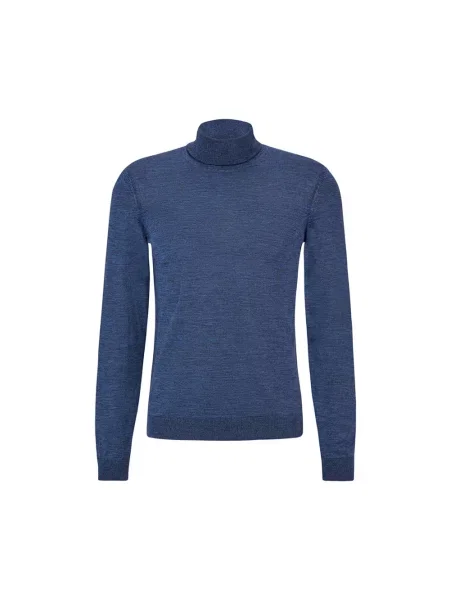 Lniany sweter z golfem Boss niebieski