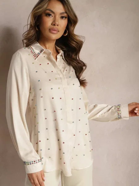 Jasnobeżowa Elegancka Koszula z Długim Rękawem z Błyszczącymi Ćwiekami i Cyrkoniami Ednasia beżowa