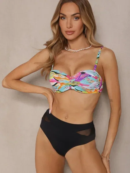 Czarno-Różowe Bikini Majtki Typu Figi i Biustonosz w Abstrakcyjny Motyw Anitlle czarny