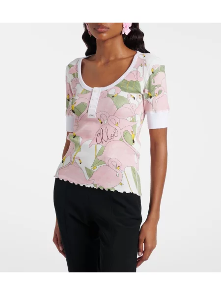 Cămașă Chloé cu imagine cu guler henley alb