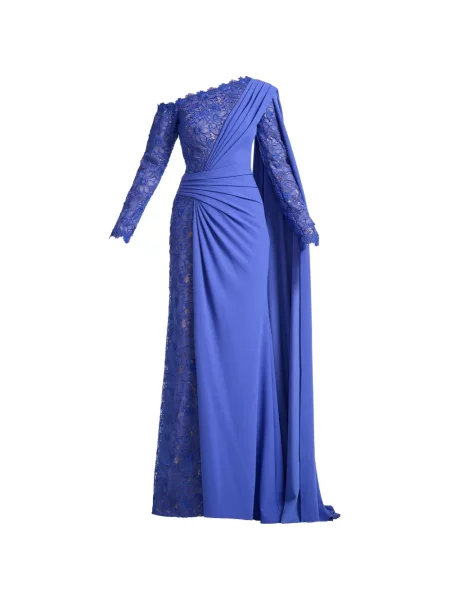 Rochie maxi Tadashi Shoji din dantelă cu un umăr gol albastru