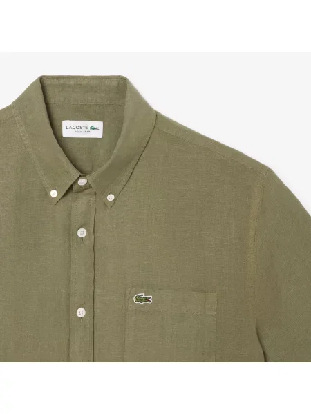 Lacoste Lniana Koszula Button-Down Z Krótkim Rękawem Regular Fit Khaki zielony