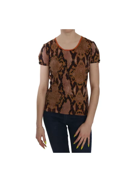 Koszulka Just Cavalli skórzana z nadrukiem z krótkim rękawem brązowa