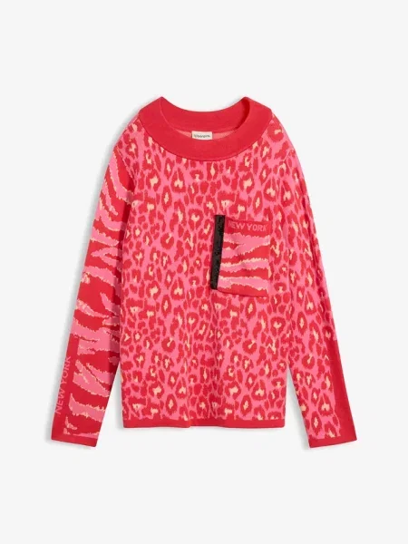 Sweter z cienkiej dzianiny ze zwierzęcym nadrukiem czerwony