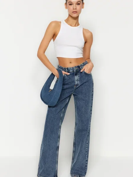 Szerokie jeansy Trendyol z wysoką talią niebieskie