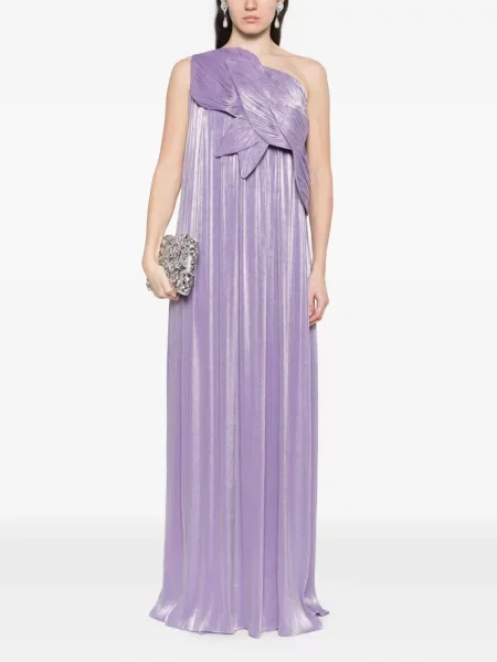 Rochie maxi Costarellos plisată cu un umăr gol de costum violet