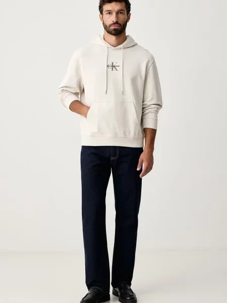 Calvin Klein Jeans pulover s kapuco bombažen bež