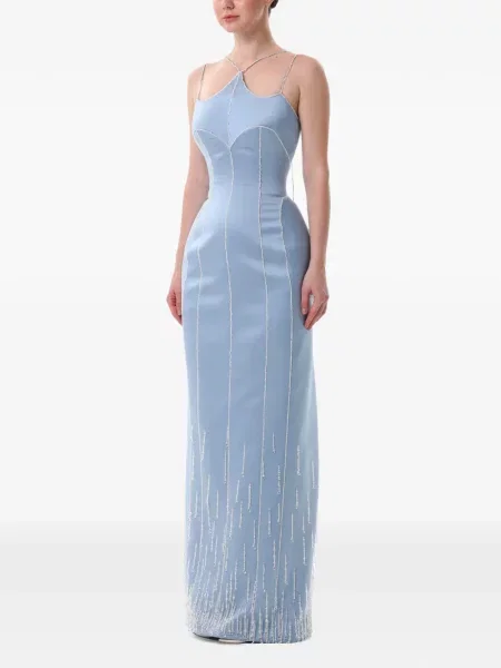 Rochie maxi Dina Melwani din satin albastru