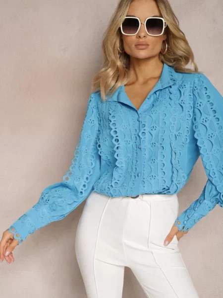 Ażurowa Koszula z Elegancką Stójką Manuella niebieska