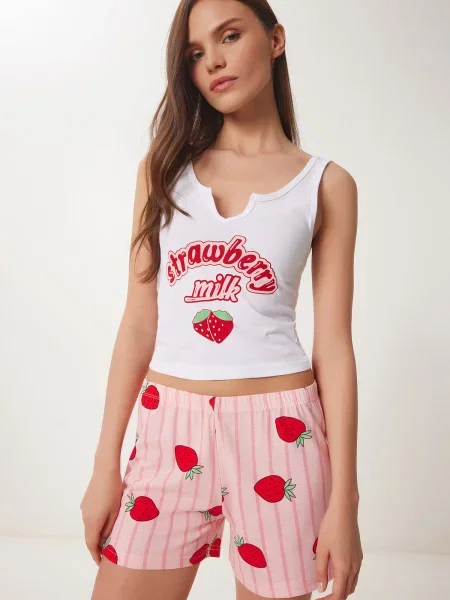 Happiness İstanbul Pantaloni scurți verde / roz / roșu alb