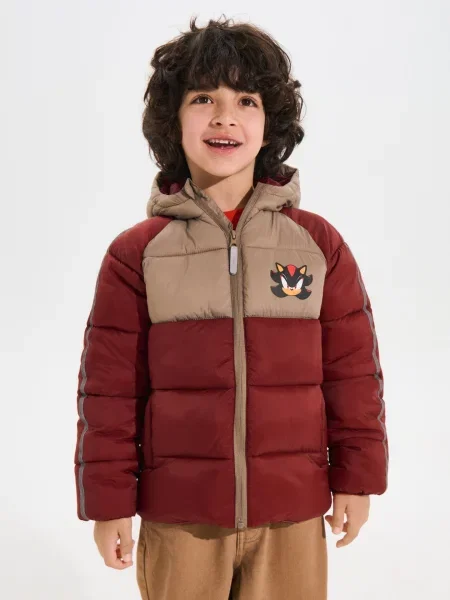 Sinsay Prošívaná puffer bunda s kapucí Sonic the Hedgehog hnědá