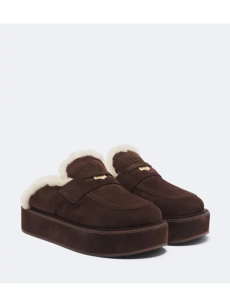 Papuci tip mules Miu Miu din piele de căprioară cu platformă maro