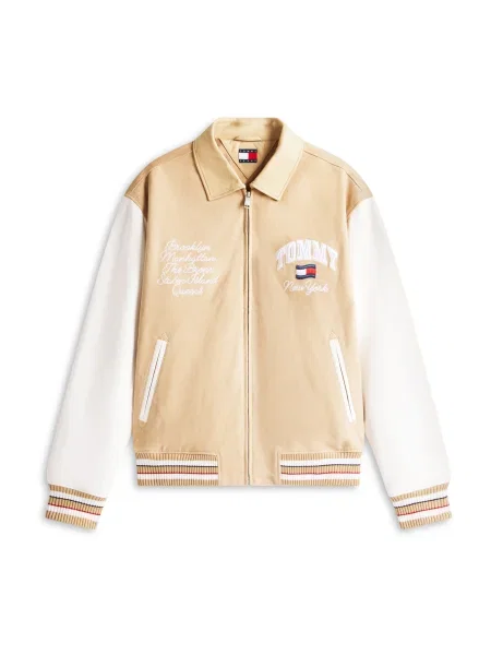 Tommy Jeans Prehodna jakna chamois / temno modra / rdeča bela