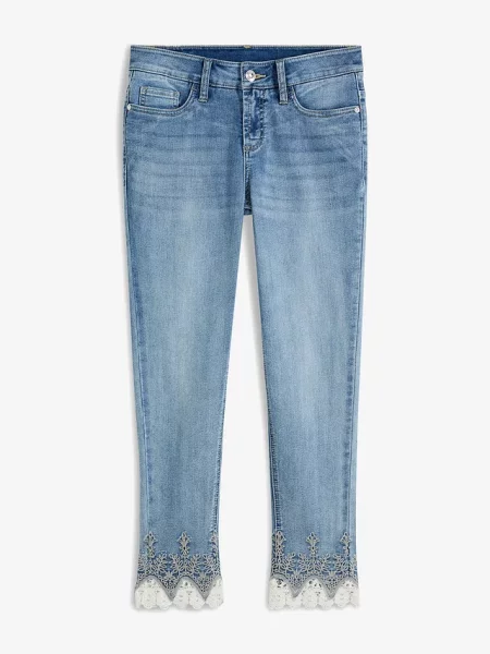 Jeansy skinny z koronką cropped niebieskie