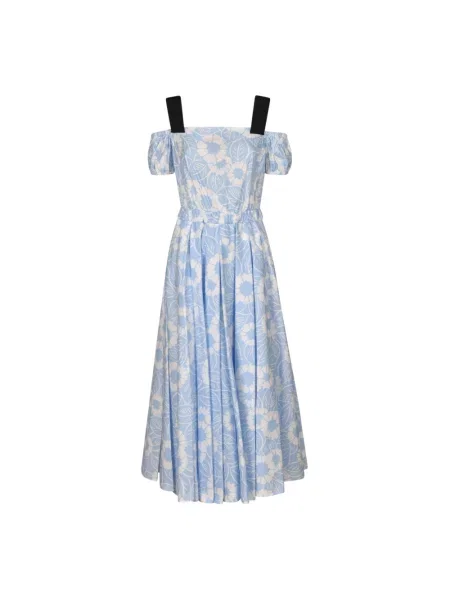 Lniana sukienka midi Prada do kolan niebieska