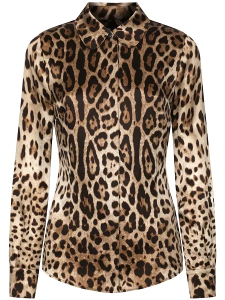 Cămașă Dolce & Gabbana de mătase cu imagine cu model leopard maro