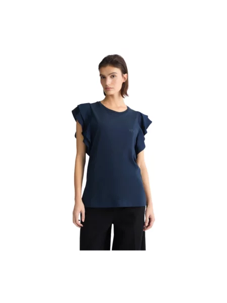Liu Jo Koszulki Kobieta L Modny T-shirt z Falbankami na Rękawach czarny