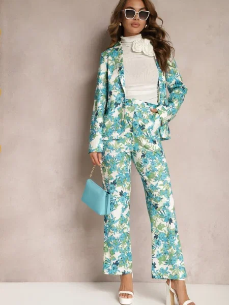 Pantaloni Albastru-Albi cu Imprimeu Floral Talie Înaltă Picior Larg Lastaria albastru