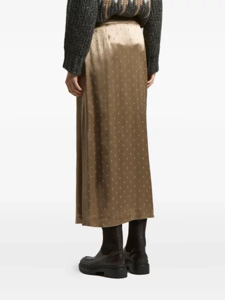 Fustă midi Peserico din satin cu buline până la genunchi maro