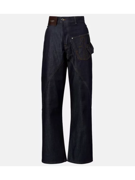 Blugi drepți Jw Anderson cu broderie cu talie înaltă albastru