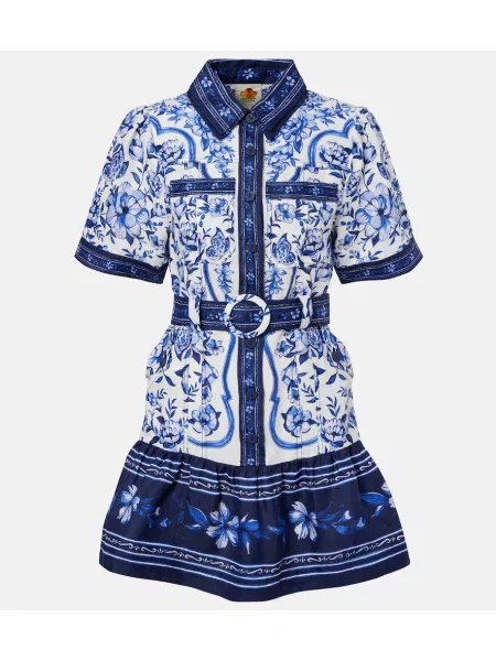 Lniana sukienka koszulowa Farm Rio z nadrukiem niebieska