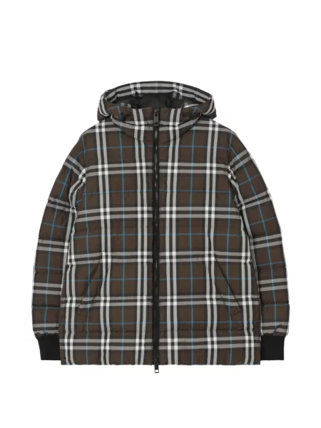 Geacă cu puf Burberry în carouri cu glugă maro