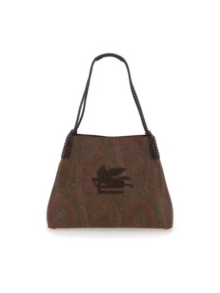 Shopperka Etro skórzana z wzorem paisley brązowa