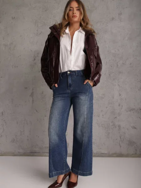 Blugi Wide Leg High Waist cu cu cu clapă la spate Heniva Albaștri albastru
