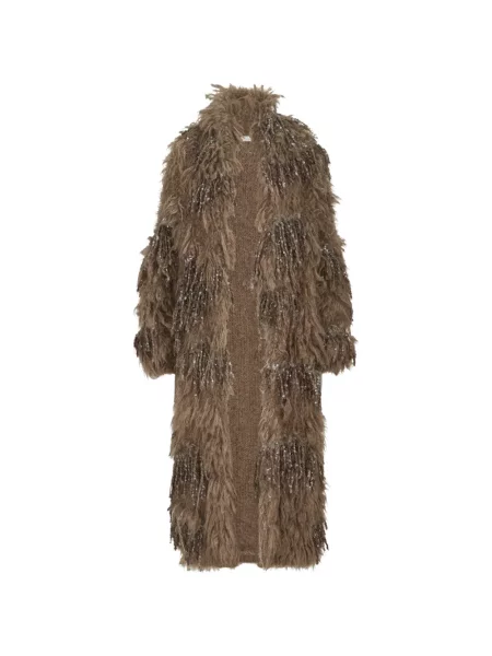 Lung cardigan Brunello Cucinelli cu broderie de lână maro