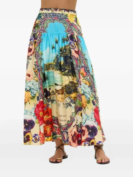 Fustă midi Camilla cu model floral cu imagine până la genunchi albastru
