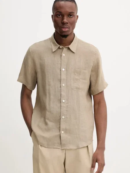 A.P.C. cămașă de in chemisette bellini logo bărbați cu guler clasic relaxed verde