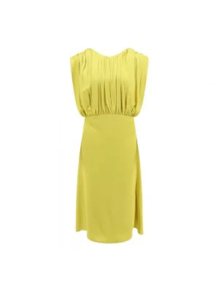 Lniana sukienka midi Jil Sander bez rękawów do kolan zielona