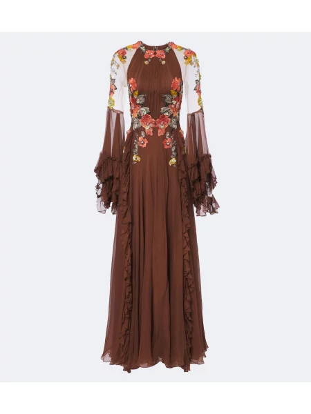 Rochie Costarellos de mătase cu model floral maro