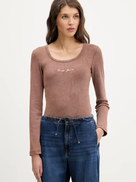 Guess Jeans Tričko s dlouhým rukávem hnědé
