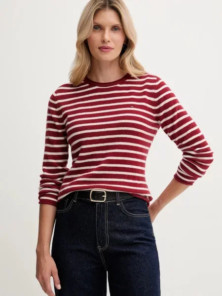 Вълнен пуловер Tommy Hilfiger тъмносиньо от лека материя червено